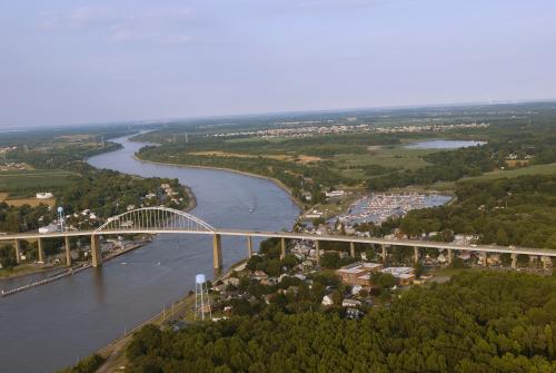Aerial view of bridge, canal and Chesapeake City